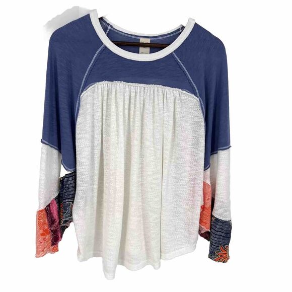 Free People Tops - Free People Friday Fever Blouse Top Batwing Boho Patchwork Batik Trim Blue M